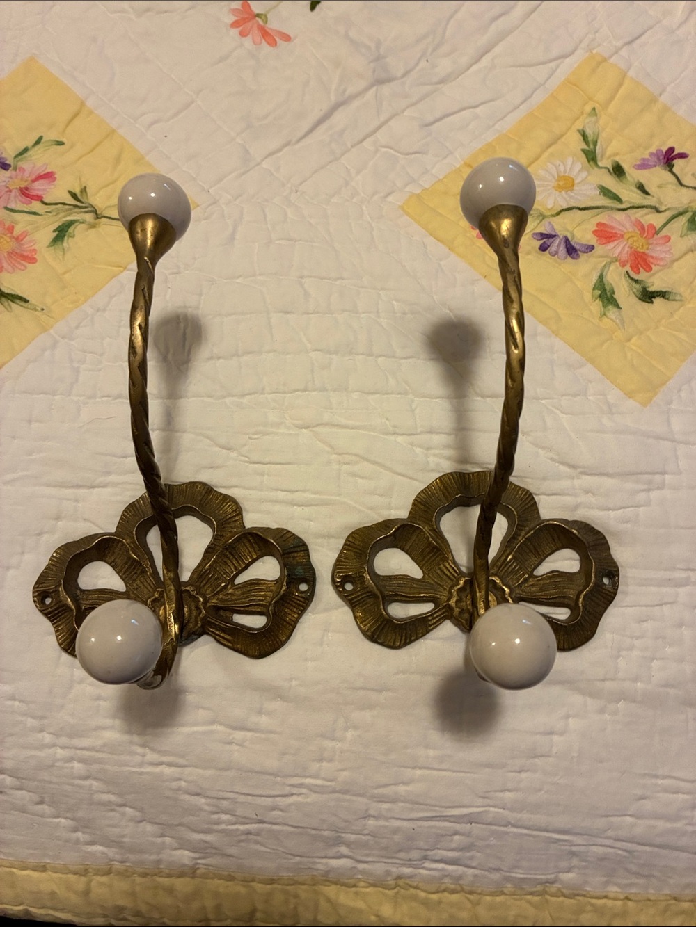 Brass Finish Wall Hook with White Ceramic Knobs - Unbranded